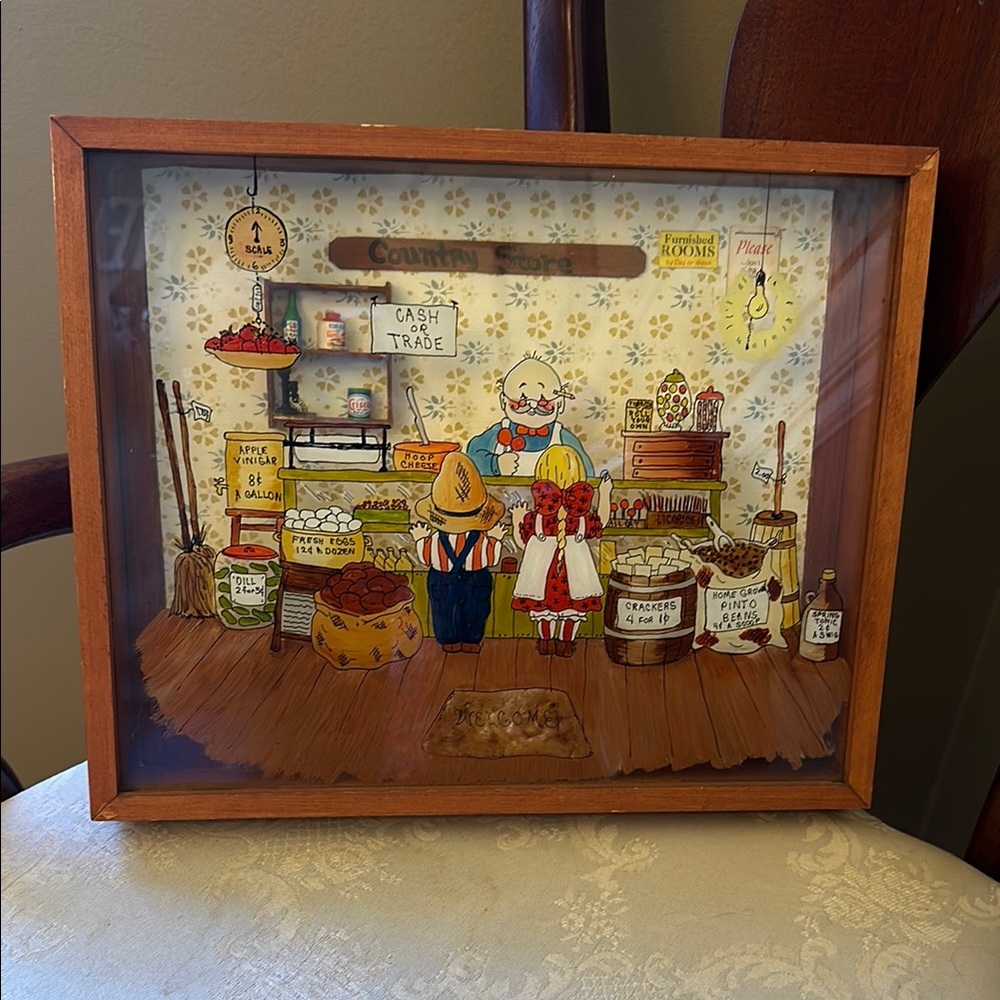 Vintage 1970s country store 3D reverse painted wood shadow box
